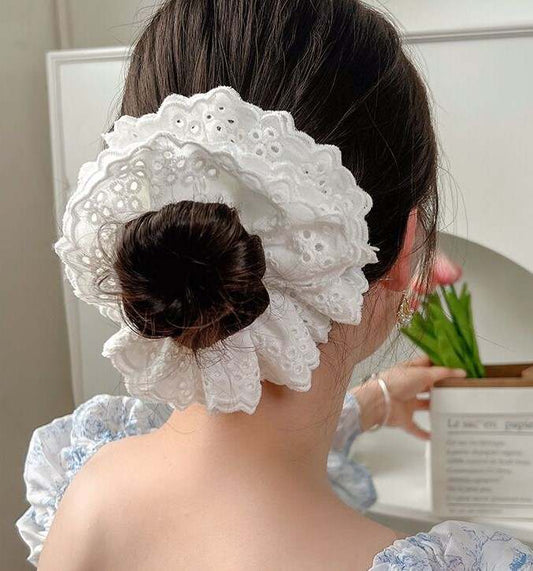 Oversized french style white lace scrunchie:  Set of 2