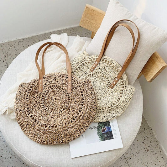 Round Straw bag with long handle