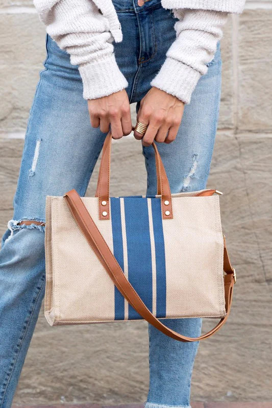 Striped tote bag with tan strap : Large size
