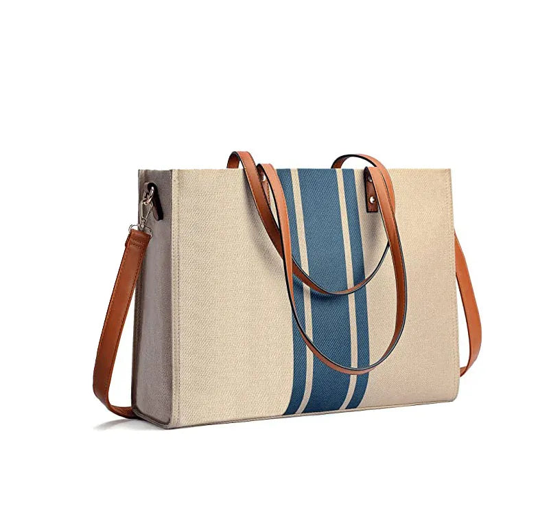 Striped tote bag with tan strap