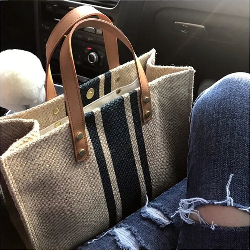 Striped tote bag with tan strap