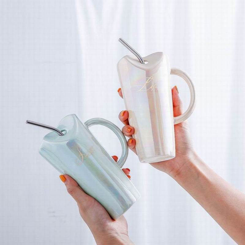 Tall holographic ceramic mug with straw