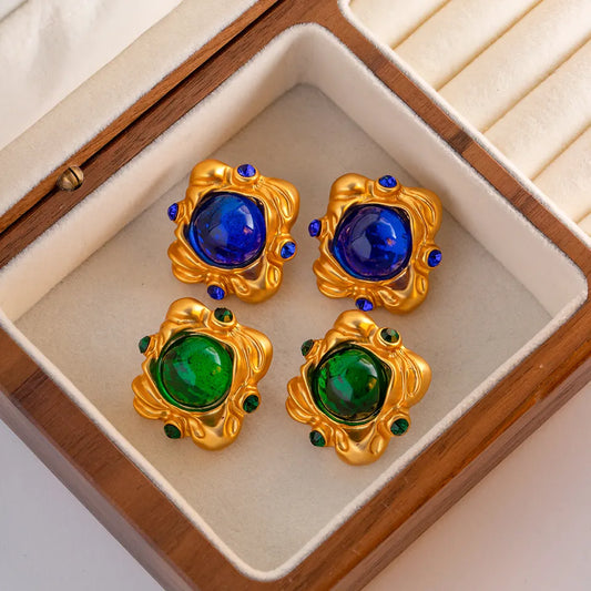 Vintage oversized stone stud earrings - 18K Real Gold Plated